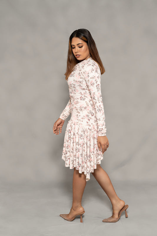 Ruched Shoulder Scuba Bodycon Dress with Asymmetric Hem & Waist Frill – Perfect for Party, Date Night & Western Wear Looks.