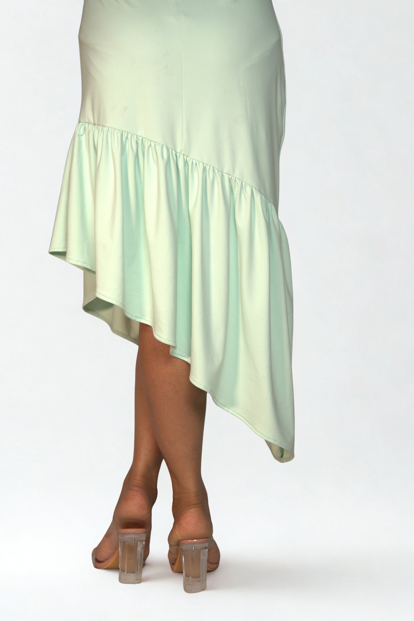 Ruched Shoulder Scuba Bodycon Dress with Asymmetric Hem & Waist Frill – Perfect for Party, Date Night & Western Wear Looks.