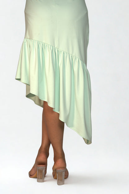 Ruched Shoulder Scuba Bodycon Dress with Asymmetric Hem & Waist Frill – Perfect for Party, Date Night & Western Wear Looks.