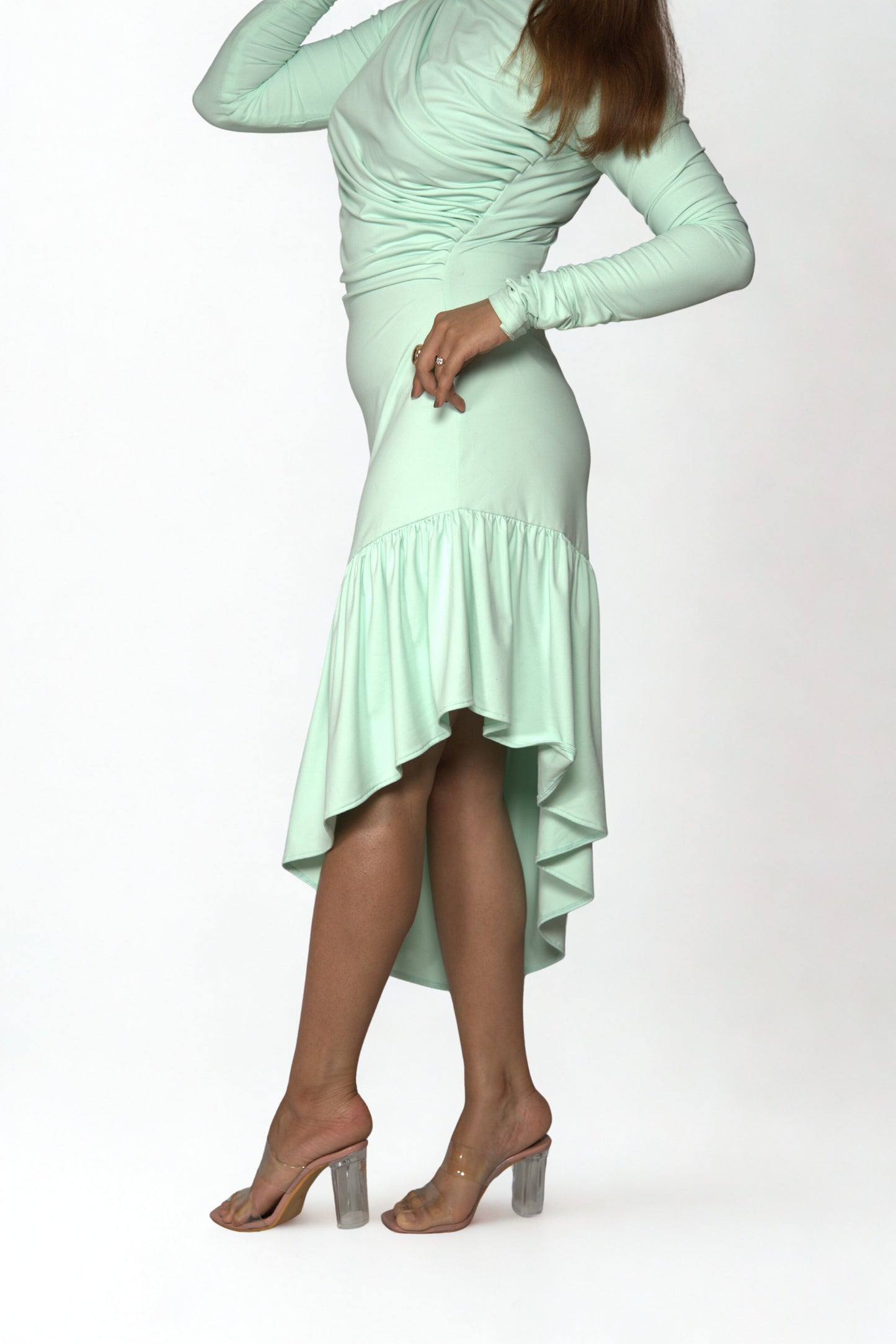 Ruched Shoulder Scuba Bodycon Dress with Asymmetric Hem & Waist Frill – Perfect for Party, Date Night & Western Wear Looks.