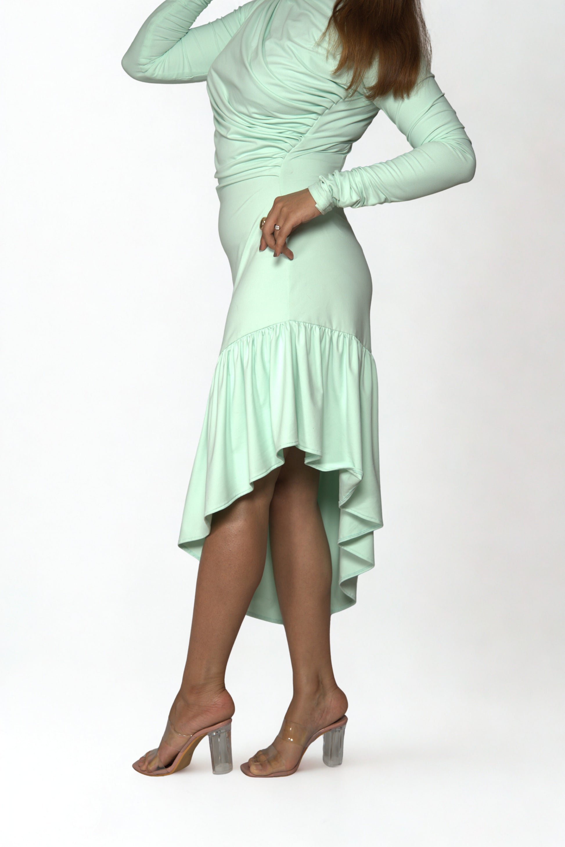 Ruched Shoulder Scuba Bodycon Dress with Asymmetric Hem & Waist Frill – Perfect for Party, Date Night & Western Wear Looks.