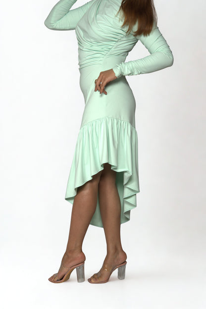 Ruched Shoulder Scuba Bodycon Dress with Asymmetric Hem & Waist Frill – Perfect for Party, Date Night & Western Wear Looks.