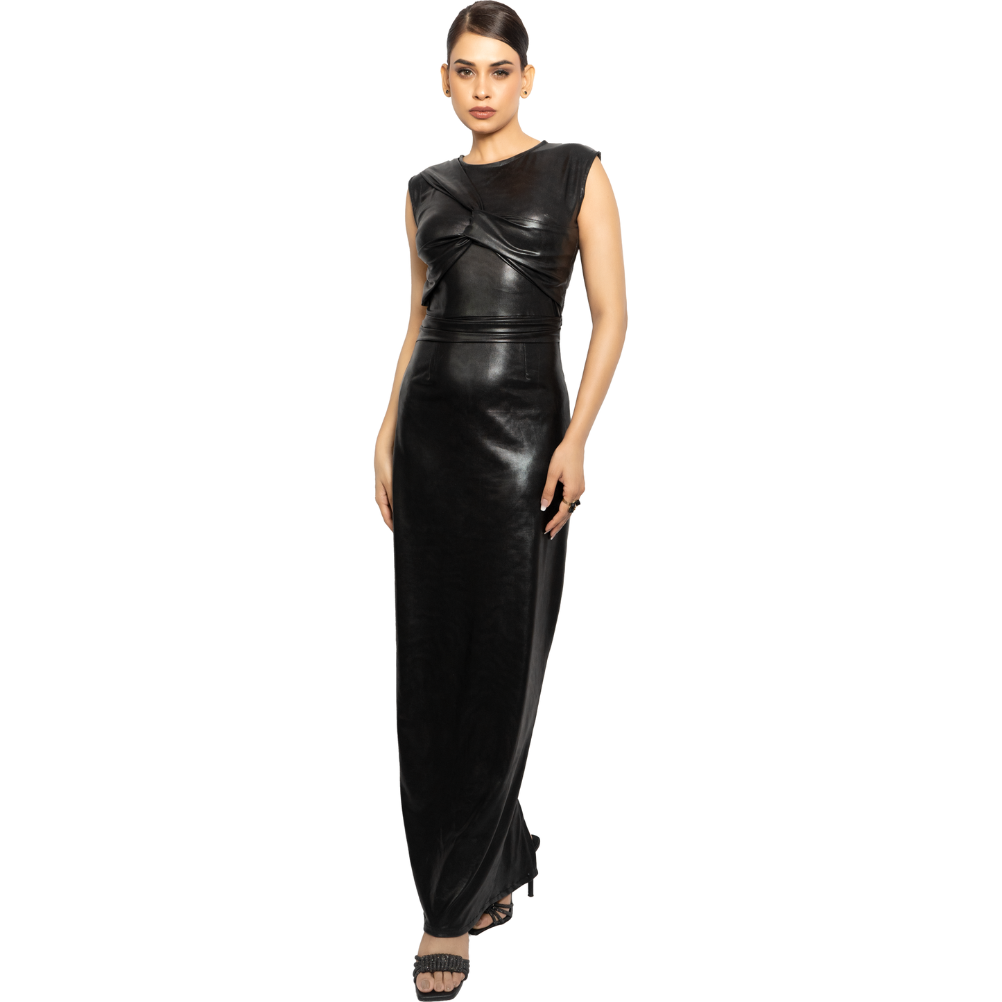 Black Faux Leather Bodycon Maxi Dress for Women