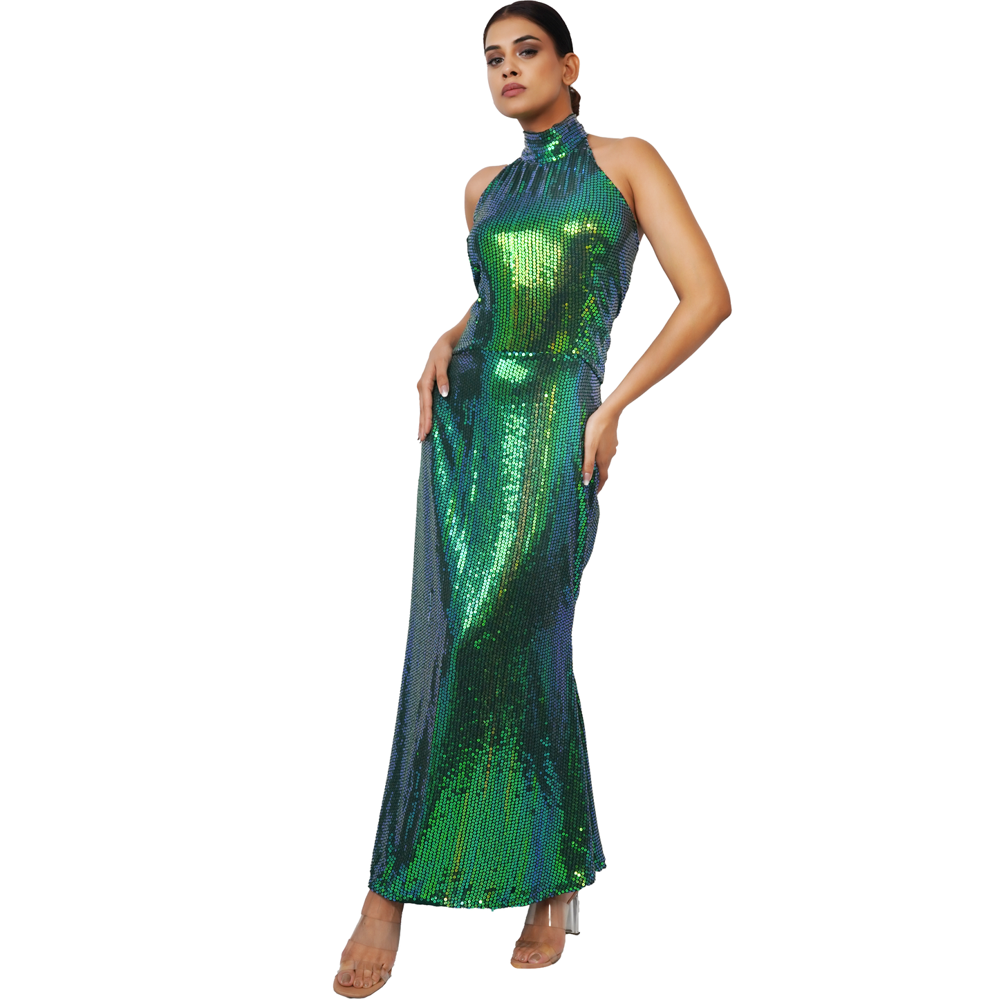 Emerald Green Sequin Mermaid Gown – Backless for Gala & Party