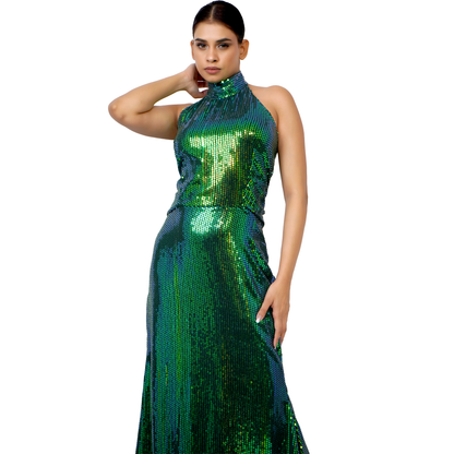 Emerald Green Sequin Mermaid Gown – Backless for Gala & Party
