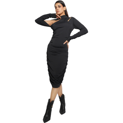 One-Shoulder Black Bodycon Midi Dress for Party, Cocktail, Night Out