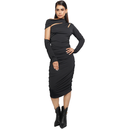 One-Shoulder Black Bodycon Midi Dress for Party, Cocktail, Night Out