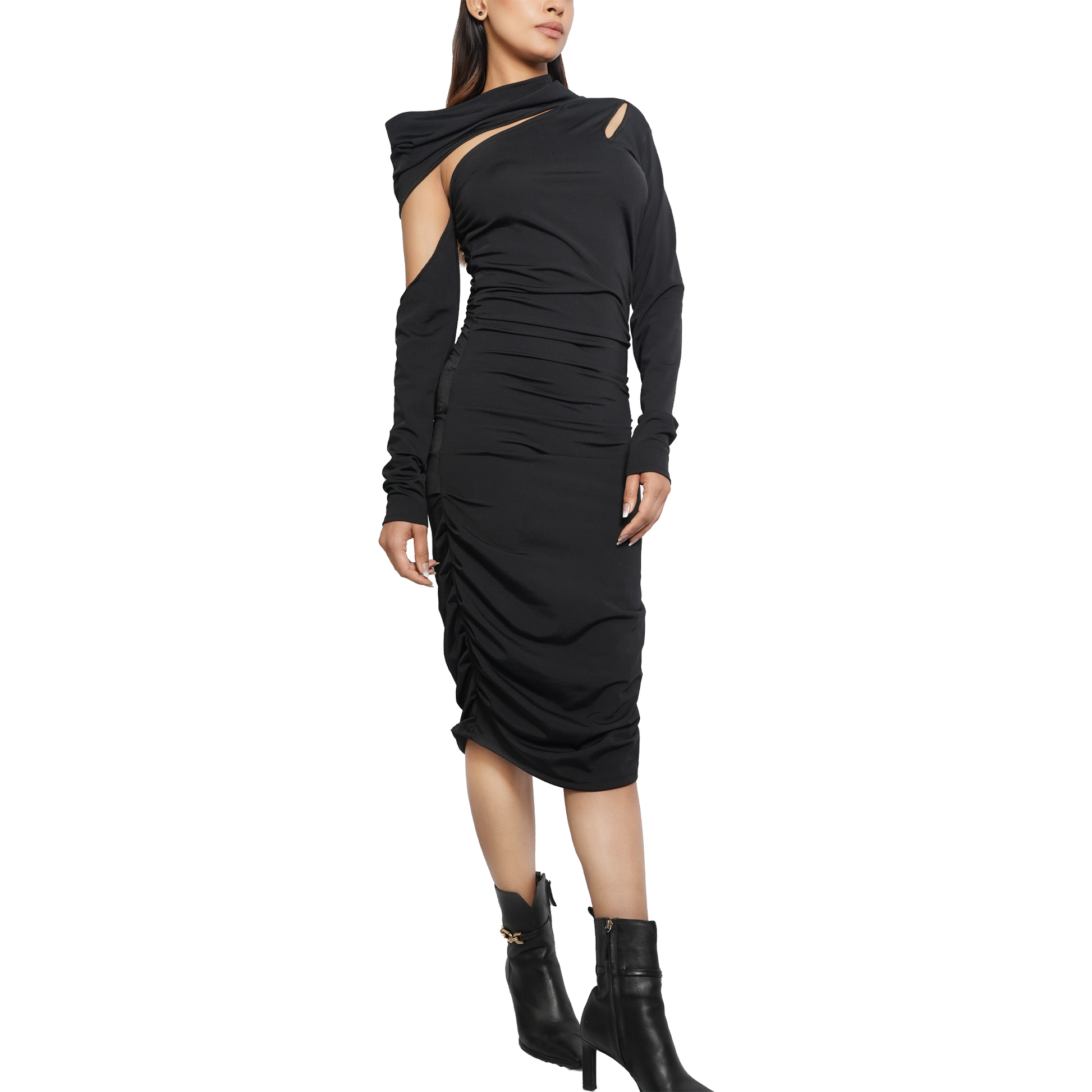 One-Shoulder Black Bodycon Midi Dress for Party, Cocktail, Night Out