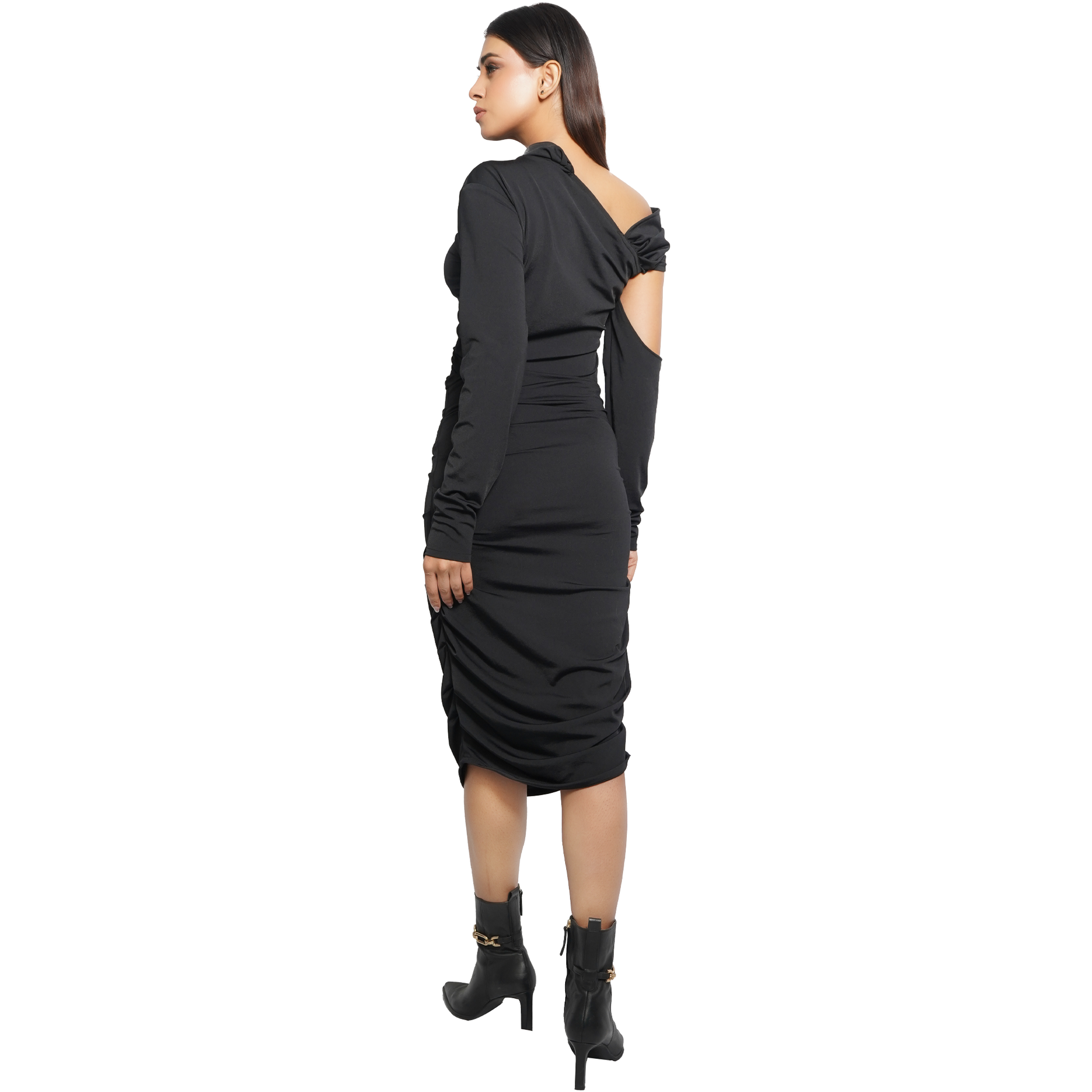 One-Shoulder Black Bodycon Midi Dress for Party, Cocktail, Night Out
