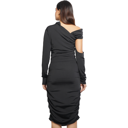 One-Shoulder Black Bodycon Midi Dress for Party, Cocktail, Night Out