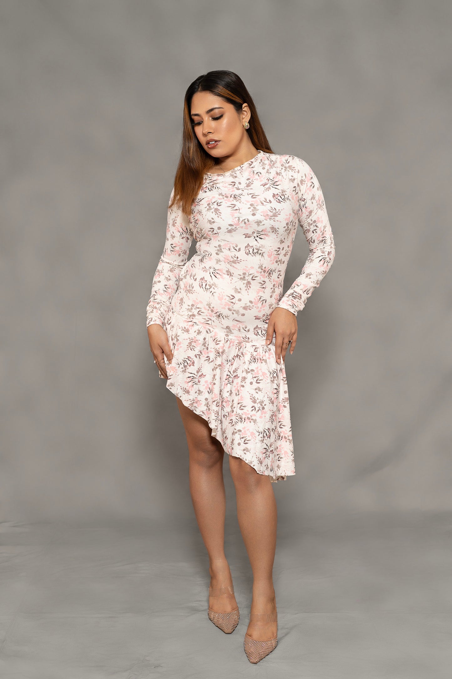 Ruched Shoulder Scuba Bodycon Dress with Asymmetric Hem & Waist Frill – Perfect for Party, Date Night & Western Wear Looks.