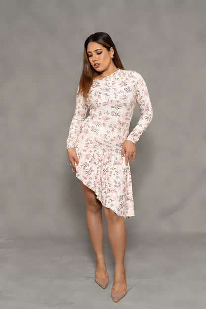 Ruched Shoulder Scuba Bodycon Dress with Asymmetric Hem & Waist Frill – Perfect for Party, Date Night & Western Wear Looks.