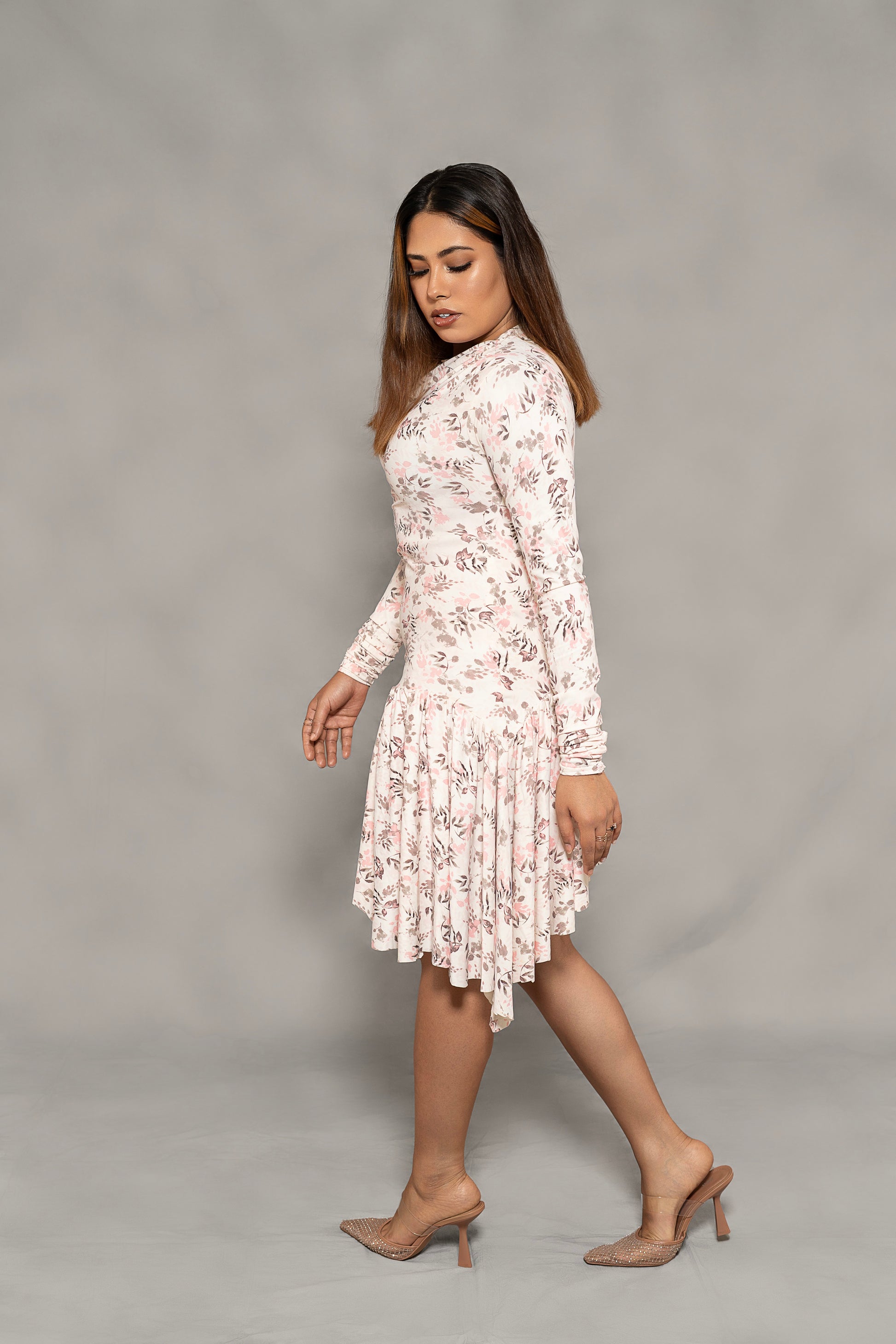 Ruched Shoulder Scuba Bodycon Dress with Asymmetric Hem & Waist Frill – Perfect for Party, Date Night & Western Wear Looks.