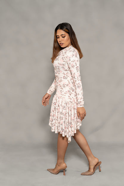 Ruched Shoulder Scuba Bodycon Dress with Asymmetric Hem & Waist Frill – Perfect for Party, Date Night & Western Wear Looks.