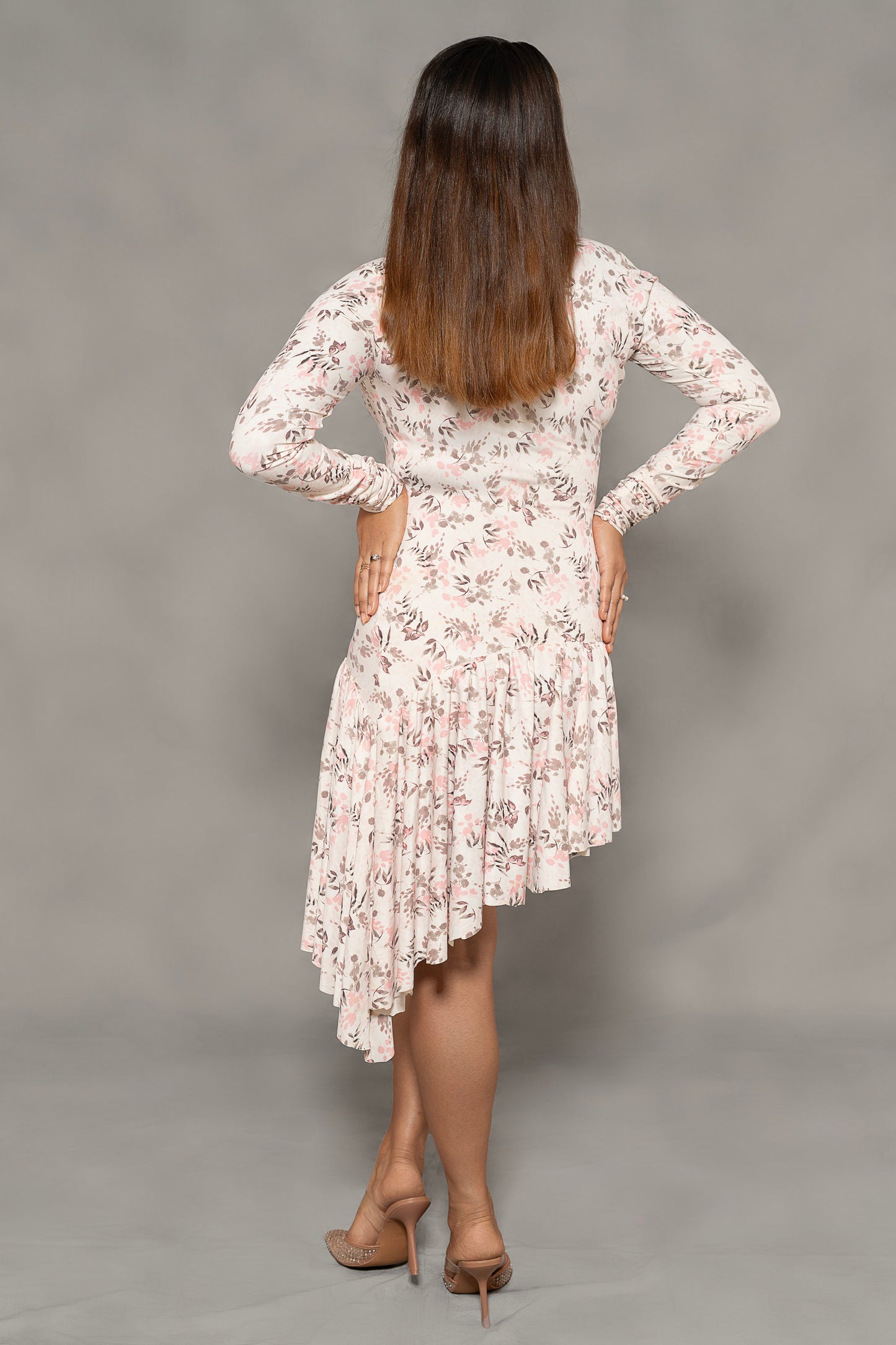 Ruched Shoulder Scuba Bodycon Dress with Asymmetric Hem & Waist Frill – Perfect for Party, Date Night & Western Wear Looks