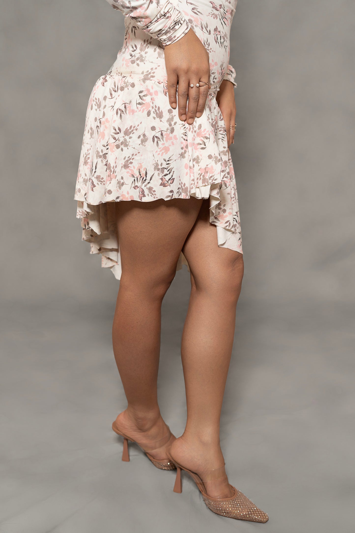 Ruched Shoulder Scuba Bodycon Dress with Asymmetric Hem & Waist Frill – Perfect for Party, Date Night & Western Wear Looks.