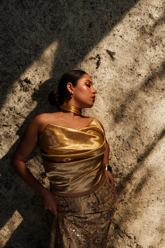 Strapless Golden Satin Corset Gown with Mermaid Skirt & Floral Sequin Embroidery