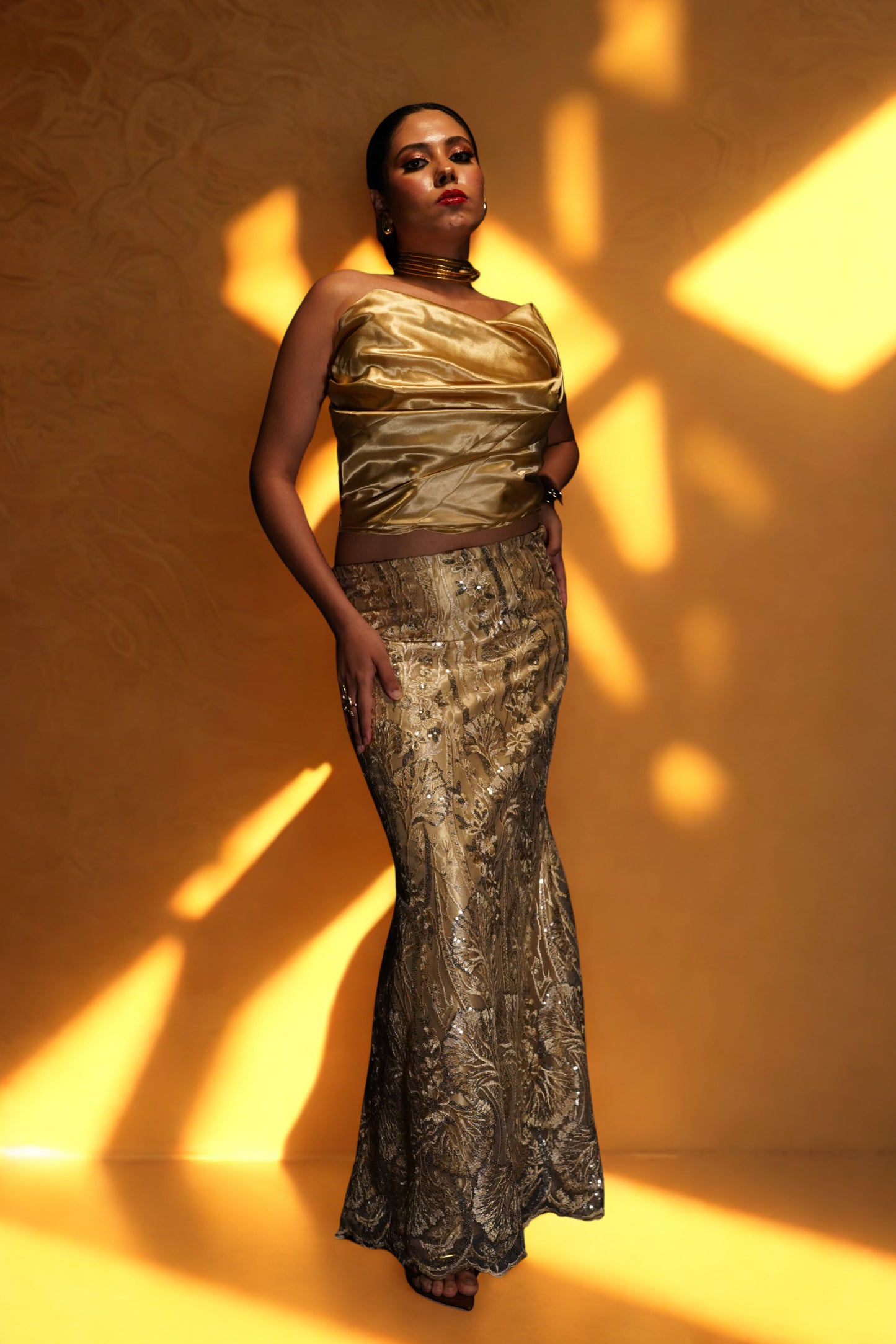 Strapless Golden Satin Corset Gown with Mermaid Skirt & Floral Sequin Embroidery