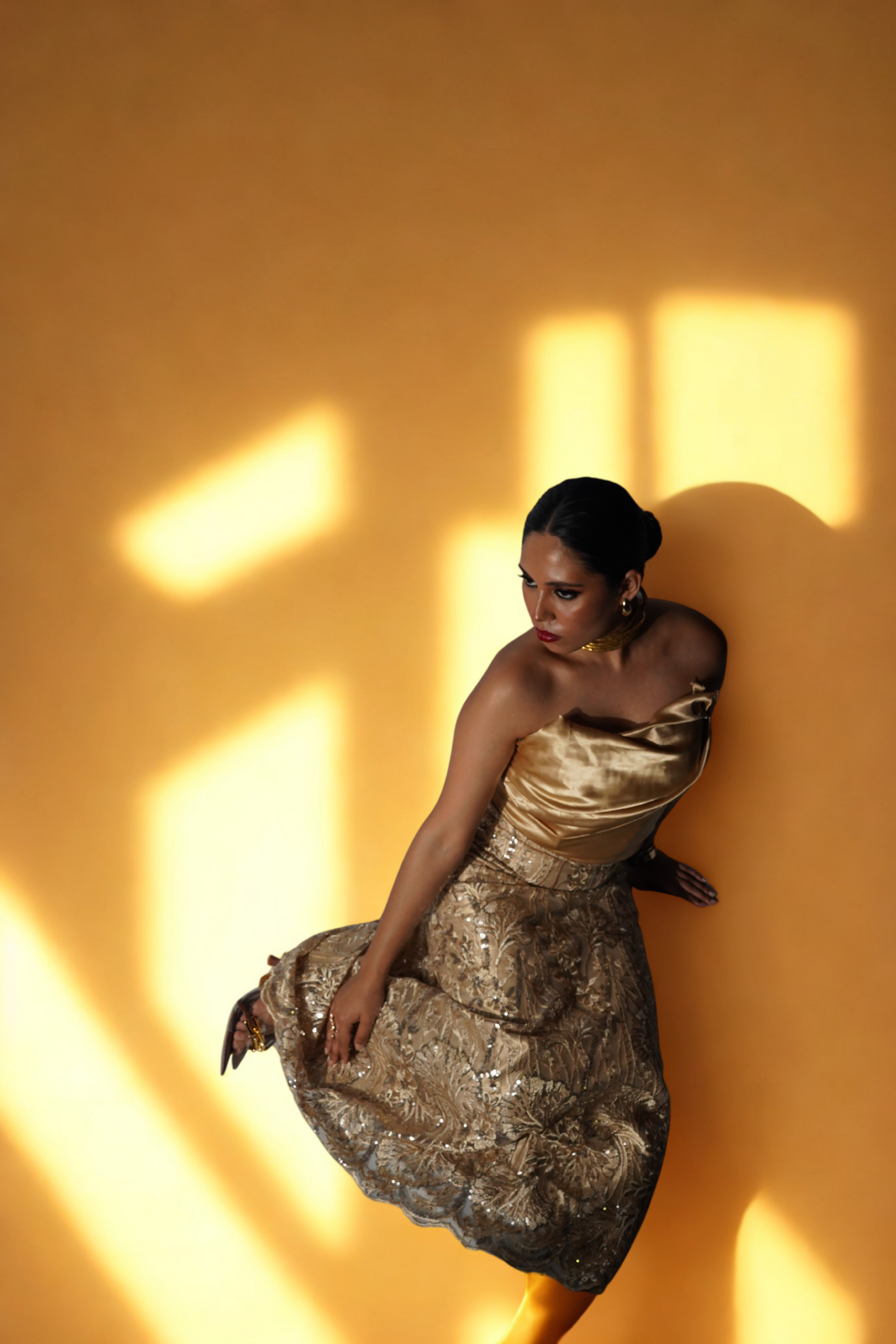 Strapless Golden Satin Corset Gown with Mermaid Skirt & Floral Sequin Embroidery