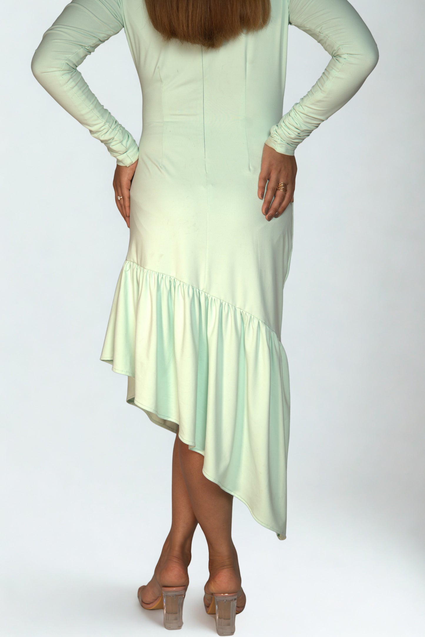 Ruched Shoulder Scuba Bodycon Dress with Asymmetric Hem & Waist Frill – Perfect for Party, Date Night & Western Wear Looks.