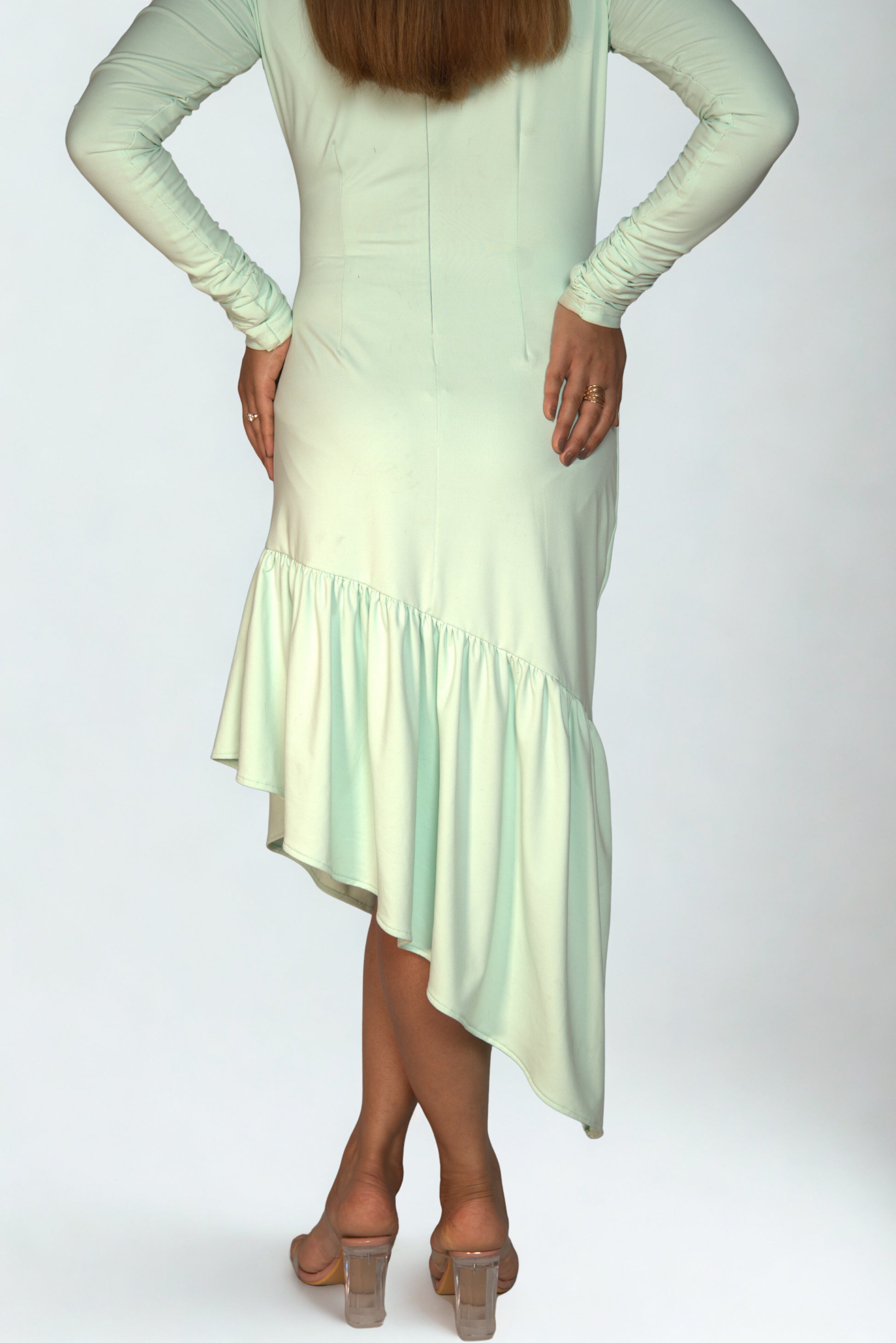 Ruched Shoulder Scuba Bodycon Dress with Asymmetric Hem & Waist Frill – Perfect for Party, Date Night & Western Wear Looks.