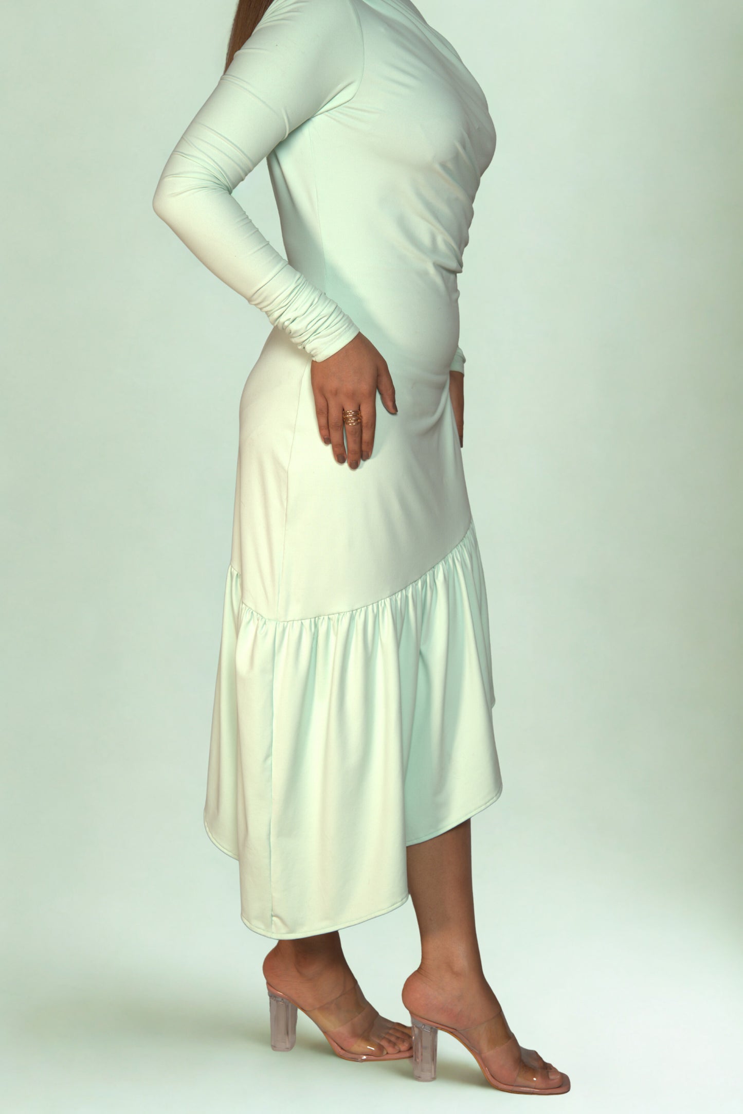 Ruched Shoulder Scuba Bodycon Dress with Asymmetric Hem & Waist Frill – Perfect for Party, Date Night & Western Wear Looks.