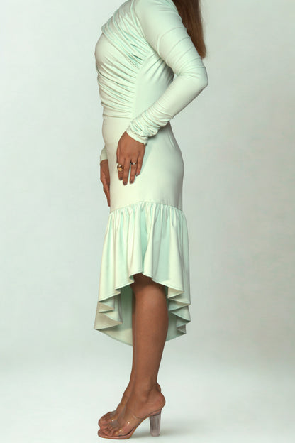 Ruched Shoulder Scuba Bodycon Dress with Asymmetric Hem & Waist Frill – Perfect for Party, Date Night & Western Wear Looks.