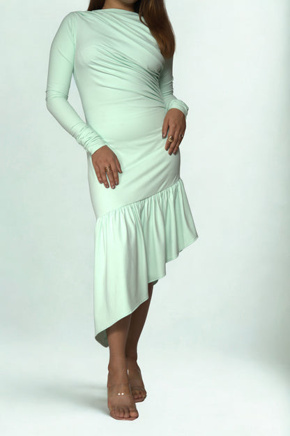 Ruched Shoulder Scuba Bodycon Dress with Asymmetric Hem & Waist Frill – Perfect for Party, Date Night & Western Wear Looks.