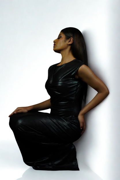 Black Faux Leather Bodycon Maxi Dress for Women